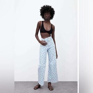 ZARA marine straight pants flower print denim